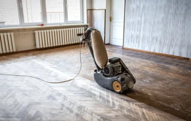 Photo of a floor sander, on parquetry floors, not only will this machine save you time, but it will also save your back!