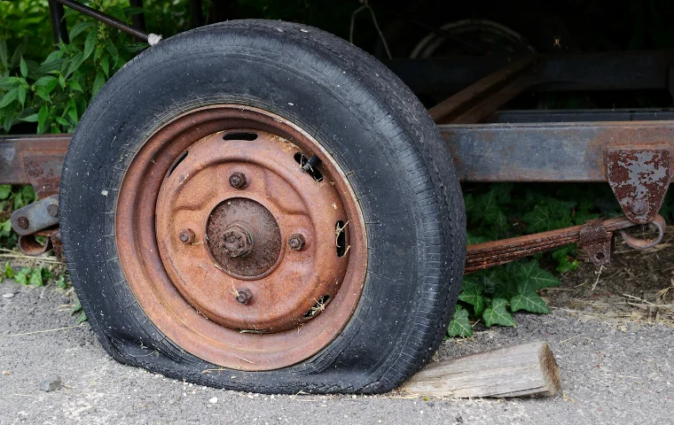 Flat and worn trailer tyre showing signs of uneven wear and maintenance neglect