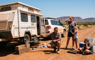 Family broken down on a remote outback dirt road beside a pop-top caravan, with tools spread on the ground (Please note this is an AI Image)