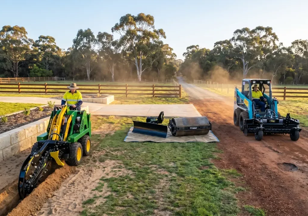 A green Kanga mini loader with a trencher attachment digging a trench alongside a blue Bobcat skid steer operating a power rake on a rural Busselton property driveway, with a grader blade and vibration roller staged in the center. Note: This is an AI Generated Image
