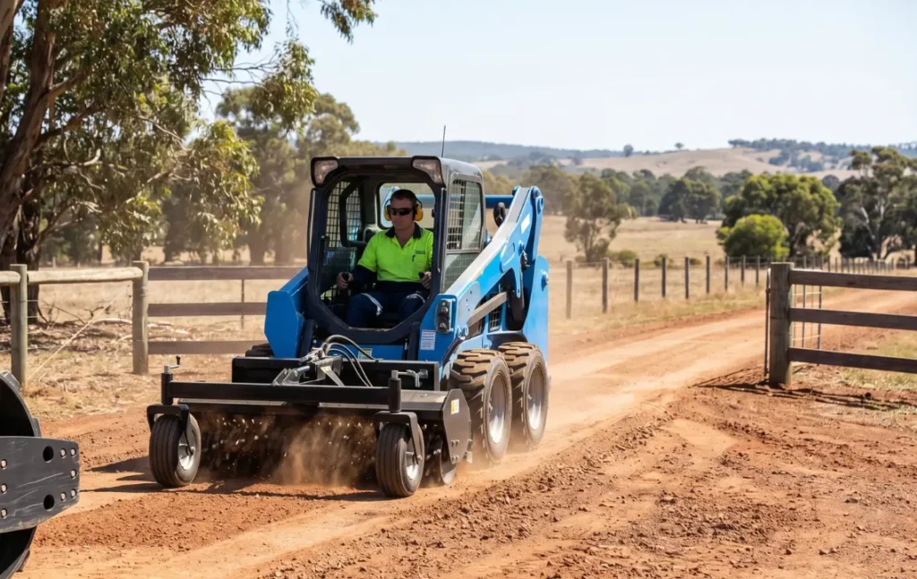 A blue Bobcat skid steer loader operating a dual-wheeled hydraulic power rake attachment to grade and level a rough, potholed gravel driveway on a rural property in South West WA. Note this is an AI Generaged Image