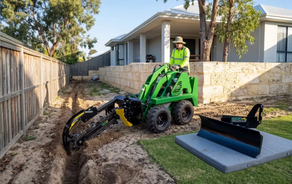 An operator using a green wheeled Kanga mini loader with a trencher attachment to dig a utility trench in a narrow residential side yard between a wooden fence and a limestone retaining wall, with a grader blade attachment staged nearby. Note this is an AI Generated Image
